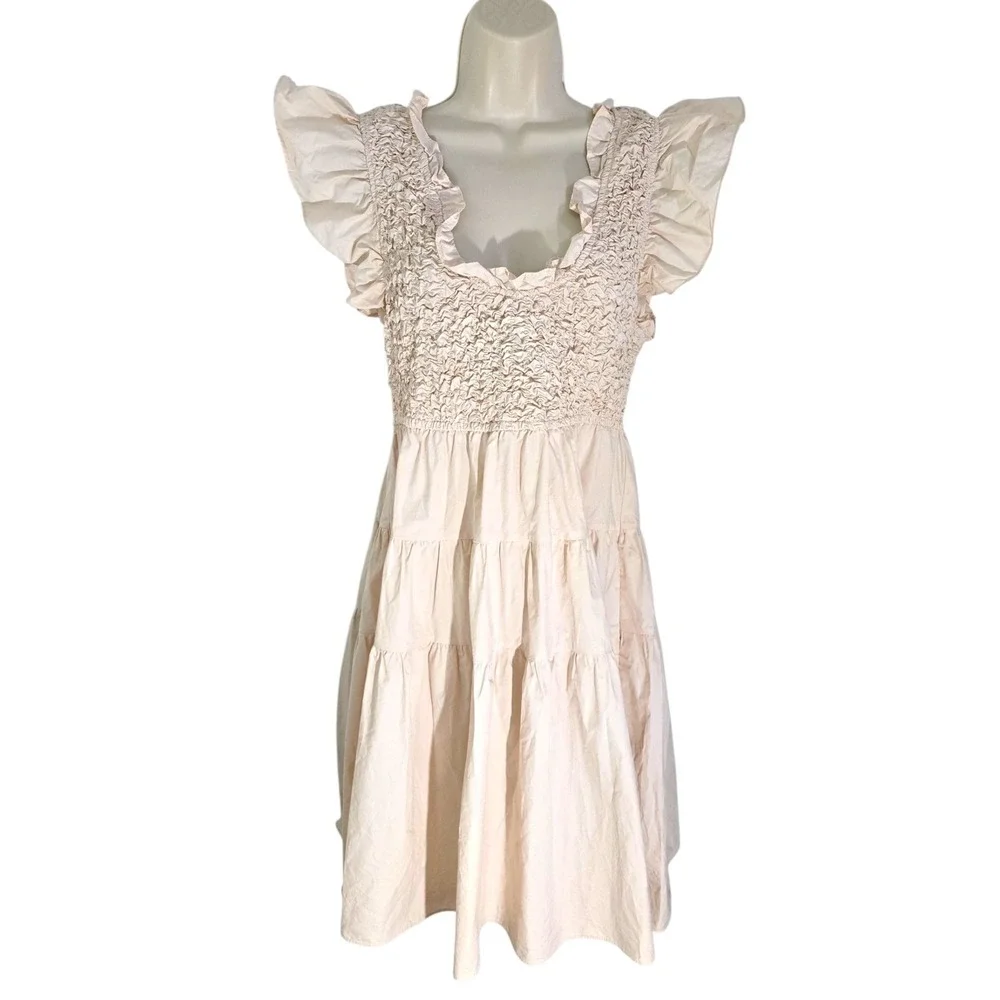 En‎ Saison Matisse Flutter Sleeve Smocked Tiered Mini Dress Cream L